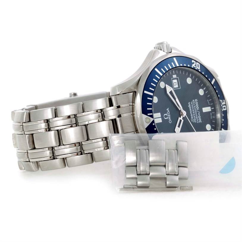 The Omega Seamaster 2531.80.00 Men
s Stainless Steel Blue Dial 2531.80.00 Men
s Stainless Steel Blue Dial watch is shown from a side angle, displaying its metal bracelet and extra links.