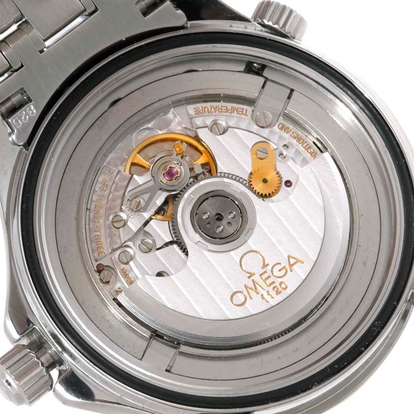 The image shows the back and internal mechanics of the Omega Seamaster 2531.80.00 Men
s Stainless Steel Blue Dial 2531.80.00 Men
s Stainless Steel Blue Dial watch, highlighting the intricate movement.