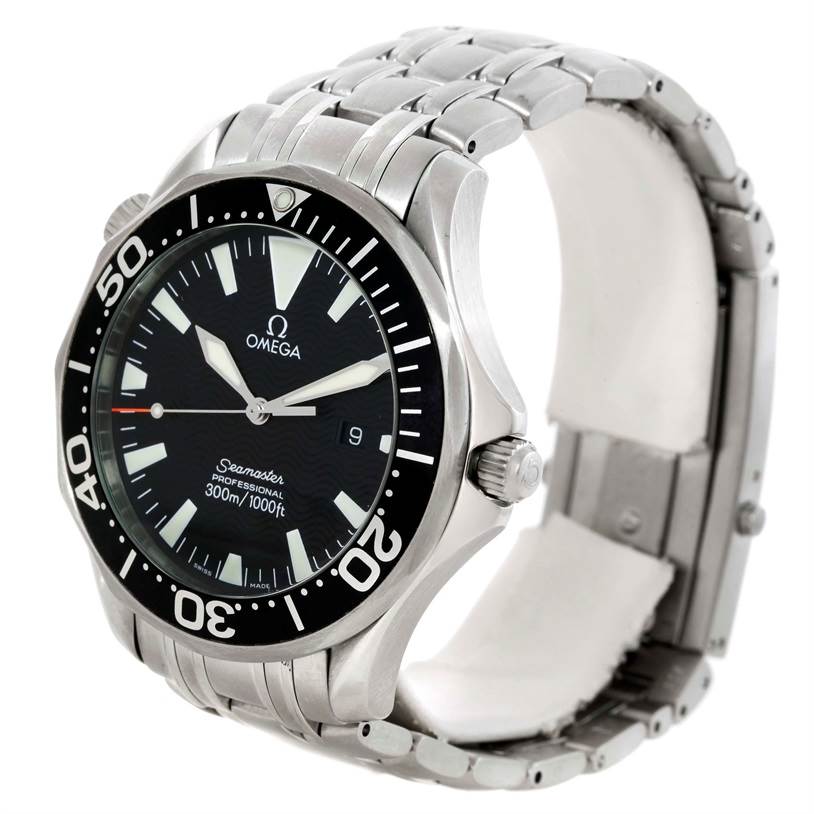 The image shows an Omega Seamaster 2264.50.00 Men
s Stainless Steel Black Dial 2264.50.00 Men
s Stainless Steel Black Dial watch at a three-quarter angle, highlighting the face, bezel, crown, and part of the metal bracelet.