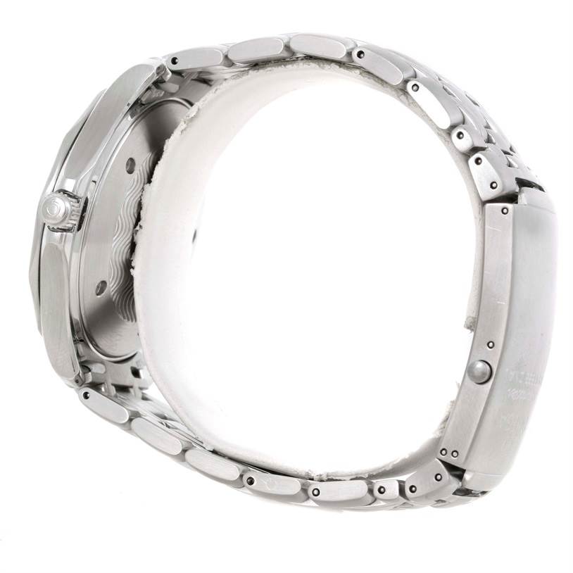 This image shows the side profile of an Omega Seamaster 2264.50.00 Men
s Stainless Steel Black Dial 2264.50.00 Men
s Stainless Steel Black Dial watch including the case, crown, and metal bracelet.