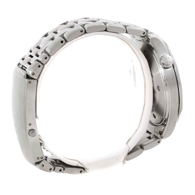 The image shows a side profile of an Omega Seamaster 2264.50.00 Men
s Stainless Steel Black Dial 2264.50.00 Men
s Stainless Steel Black Dial watch, highlighting the stainless steel bracelet and watch case.