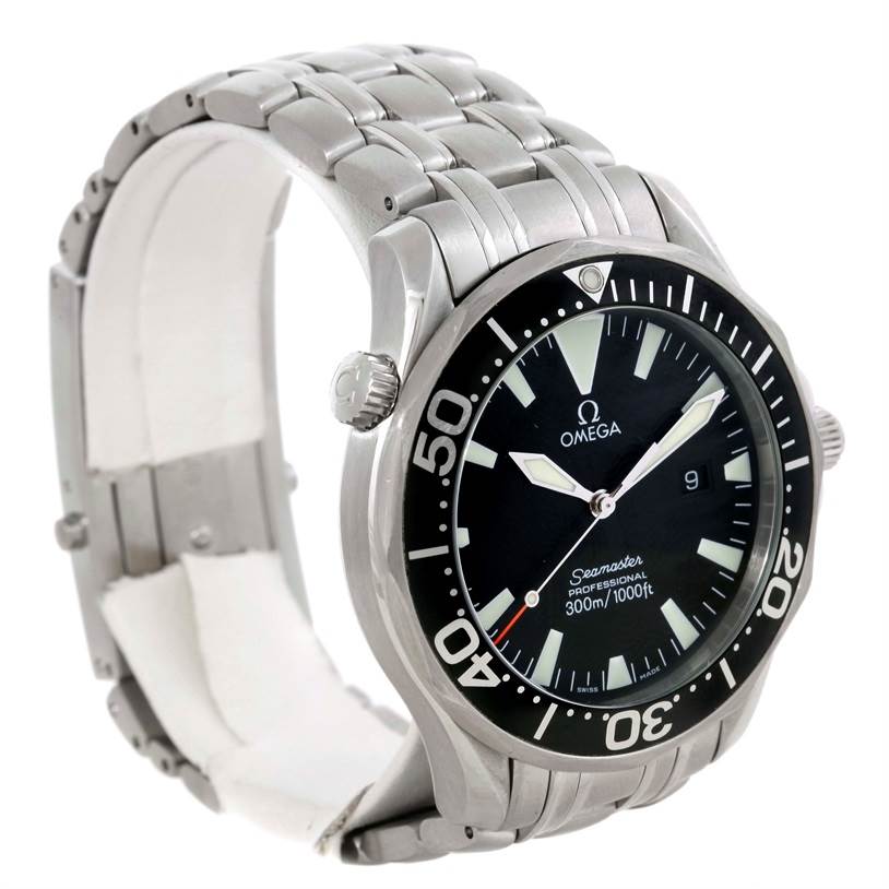 The Omega Seamaster 2264.50.00 Men
s Stainless Steel Black Dial 2264.50.00 Men
s Stainless Steel Black Dial watch is shown at an angle highlighting the face, bezel, crown, and stainless steel bracelet.