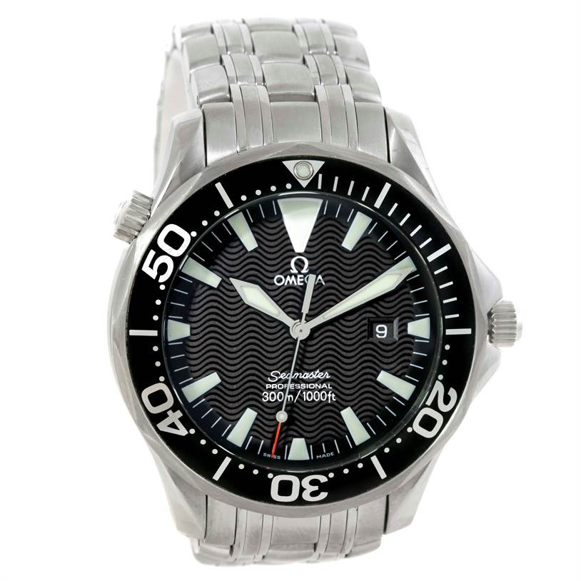 The image shows a front view of an Omega Seamaster 2264.50.00 Men
s Stainless Steel Black Dial 2264.50.00 Men
s Stainless Steel Black Dial watch, highlighting the dial, bezel, and stainless steel bracelet.