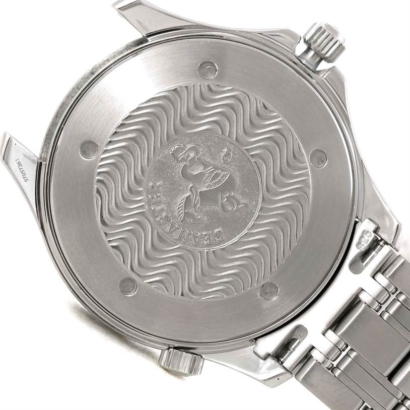 The image shows the case back and part of the bracelet of an Omega Seamaster 2264.50.00 Men
s Stainless Steel Black Dial 2264.50.00 Men
s Stainless Steel Black Dial watch.