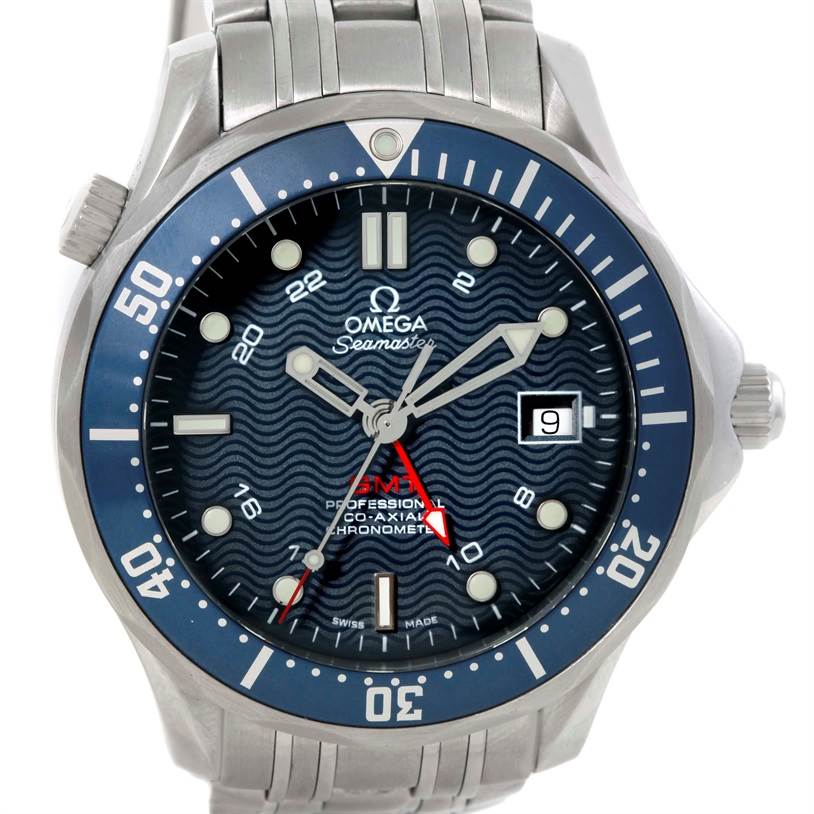 The Omega Seamaster 2535.80.00 Men's Stainless Steel Blue Dial 2535.80.00 Men's Stainless Steel Blue Dial watch is shown from the front, displaying its blue dial, hands, date window, and part of the steel bracelet.