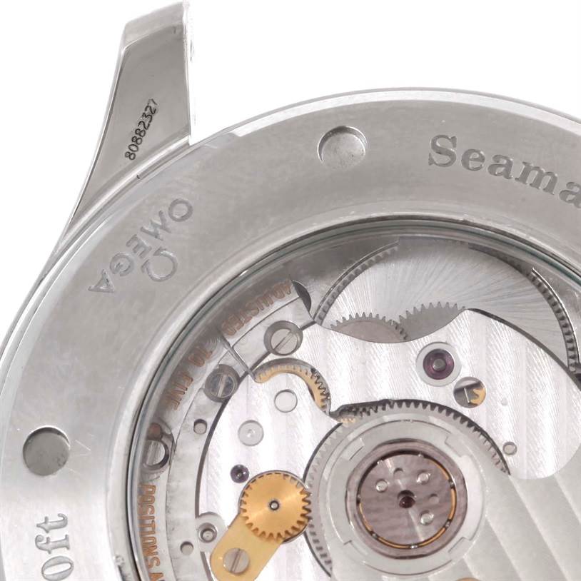 The image shows the movement mechanism and case back from a rear angle of the Omega Seamaster 2535.80.00 Men's Stainless Steel Blue Dial 2535.80.00 Men's Stainless Steel Blue Dial watch.