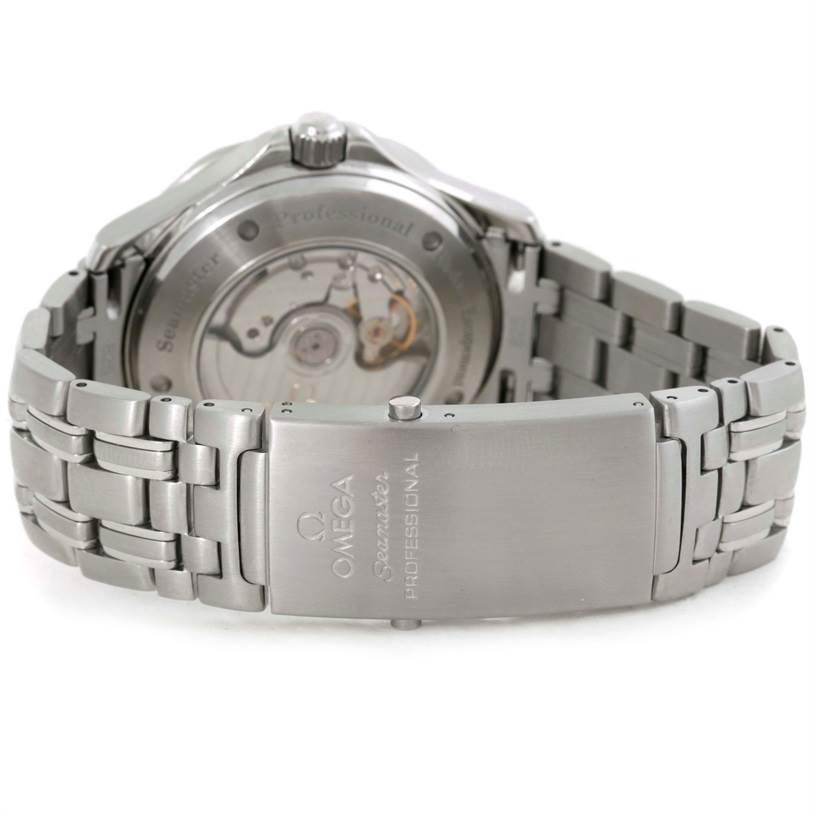 The image shows the back view of the Omega Seamaster 2535.80.00 Men's Stainless Steel Blue Dial 2535.80.00 Men's Stainless Steel Blue Dial watch, highlighting the case back, movement, and bracelet clasp.