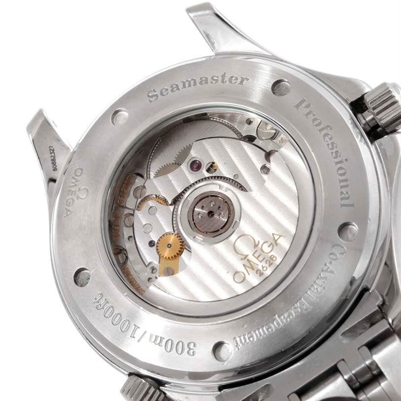 This image shows the Omega Seamaster 2535.80.00 Men's Stainless Steel Blue Dial 2535.80.00 Men's Stainless Steel Blue Dial watch from the back, displaying its intricate mechanical movement and transparent case back.