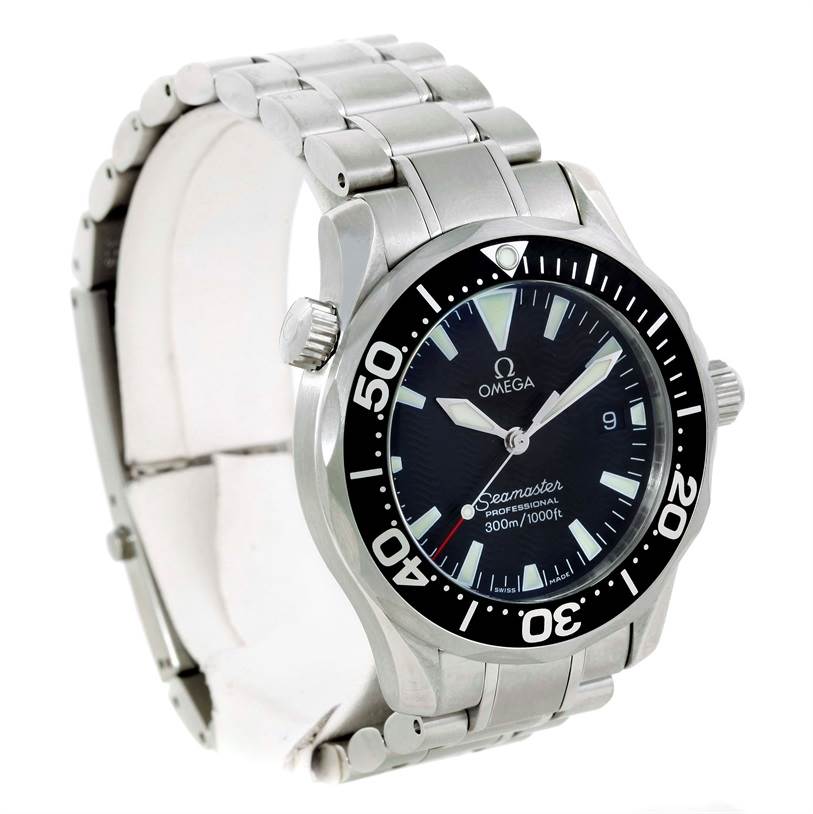 The Omega Seamaster 2262.50.00 Men
s Stainless Steel Black Dial 2262.50.00 Men
s Stainless Steel Black Dial watch is shown at a three-quarter angle, displaying its bezel, dial, hands, bracelet, and crown.