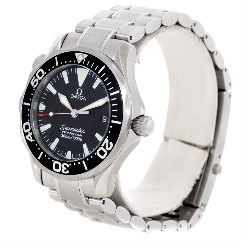 The Omega Seamaster 2262.50.00 Men
s Stainless Steel Black Dial 2262.50.00 Men
s Stainless Steel Black Dial watch is shown at an oblique angle, highlighting its face, bezel, crown, and bracelet.