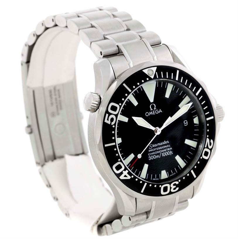 The image shows an Omega Seamaster 2254.50.00 Men's Stainless Steel Black Dial 2254.50.00 Men's Stainless Steel Black Dial watch from a three-quarter angle, displaying its face, bezel, crown, and part of the bracelet.