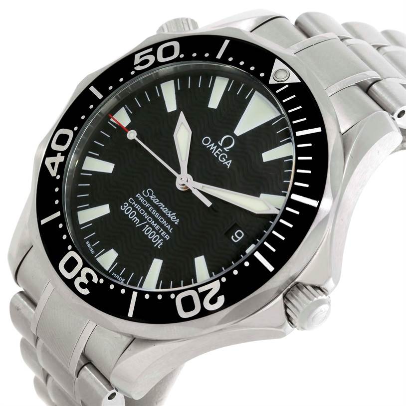 The image shows a close-up of the Omega Seamaster 2254.50.00 Men's Stainless Steel Black Dial 2254.50.00 Men's Stainless Steel Black Dial watch, highlighting the face, bezel, crown, and partial stainless steel bracelet.