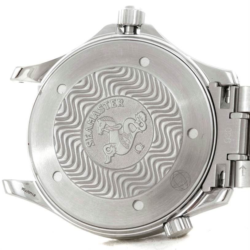 This image shows the case back and crown of an Omega Seamaster 2254.50.00 Men's Stainless Steel Black Dial 2254.50.00 Men's Stainless Steel Black Dial watch, viewed from the bottom.