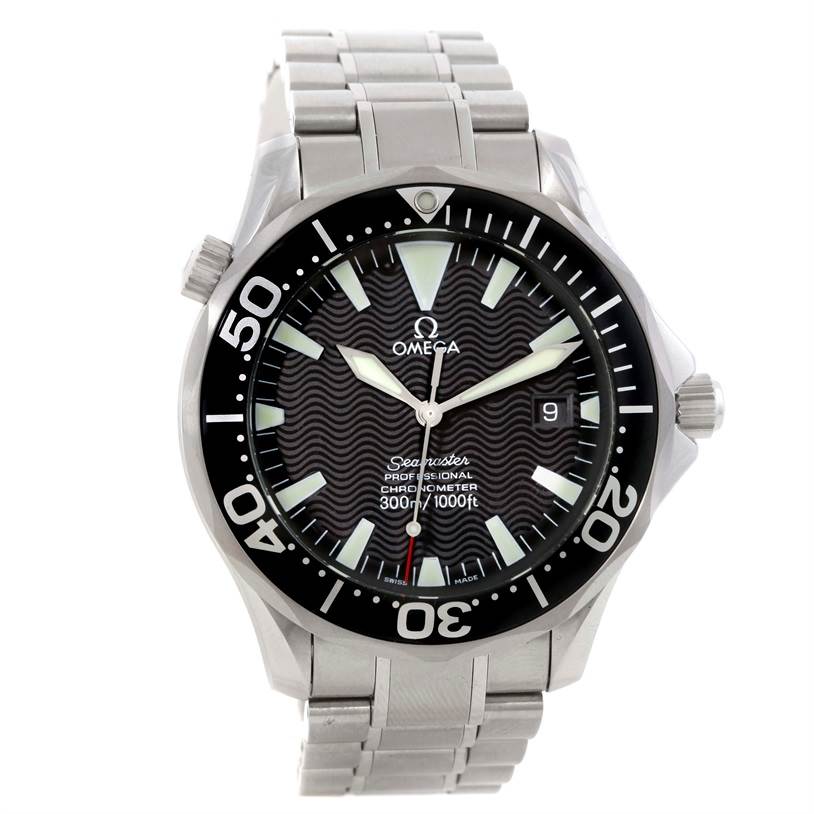 The Omega Seamaster 2254.50.00 Men's Stainless Steel Black Dial 2254.50.00 Men's Stainless Steel Black Dial watch is shown from a top-down angle, highlighting its face, bezel, crown, and metal bracelet.