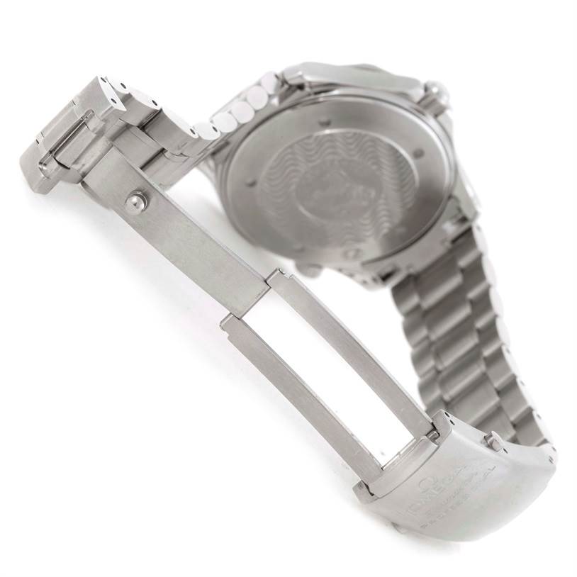 The image shows the clasp and case back of an Omega Seamaster 2254.50.00 Men's Stainless Steel Black Dial 2254.50.00 Men's Stainless Steel Black Dial watch at a semi-open angle.