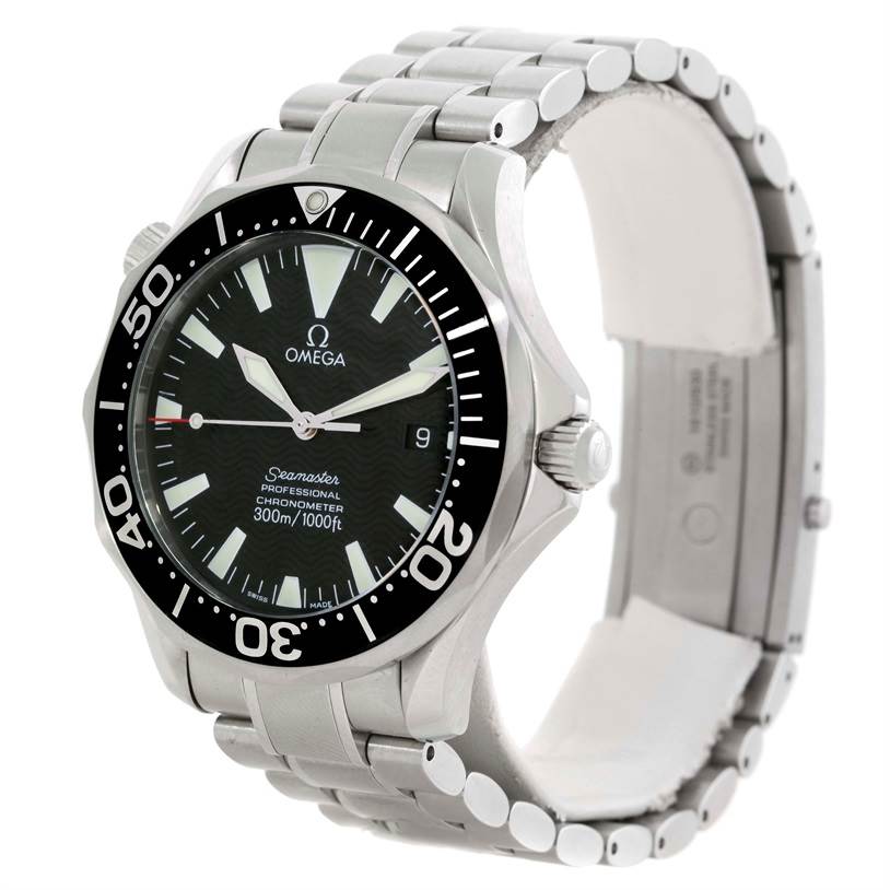 The Omega Seamaster 2254.50.00 Men's Stainless Steel Black Dial 2254.50.00 Men's Stainless Steel Black Dial watch is shown at a three-quarter angle, displaying the face, bezel, crown, and part of the bracelet.