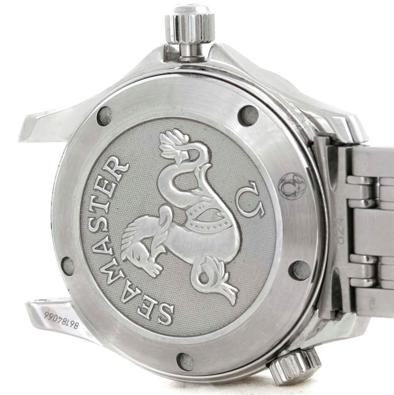 This image shows the back casing and crown of the Omega Seamaster 2222.80.00 Men
s Stainless Steel Blue Dial 2222.80.00 Men
s Stainless Steel Blue Dial watch, highlighting its iconic emblem and branding.