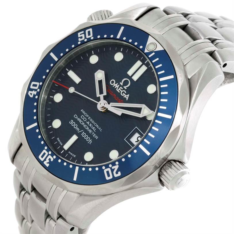 This Omega Seamaster 2222.80.00 Men
s Stainless Steel Blue Dial 2222.80.00 Men
s Stainless Steel Blue Dial watch is shown at a three-quarter angle, highlighting its blue dial, bezel, crown, and metal bracelet.