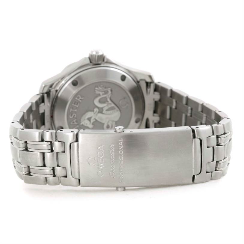 The image shows the back view of an Omega Seamaster 2222.80.00 Men
s Stainless Steel Blue Dial 2222.80.00 Men
s Stainless Steel Blue Dial watch, highlighting the stainless steel bracelet and engraved clasp.