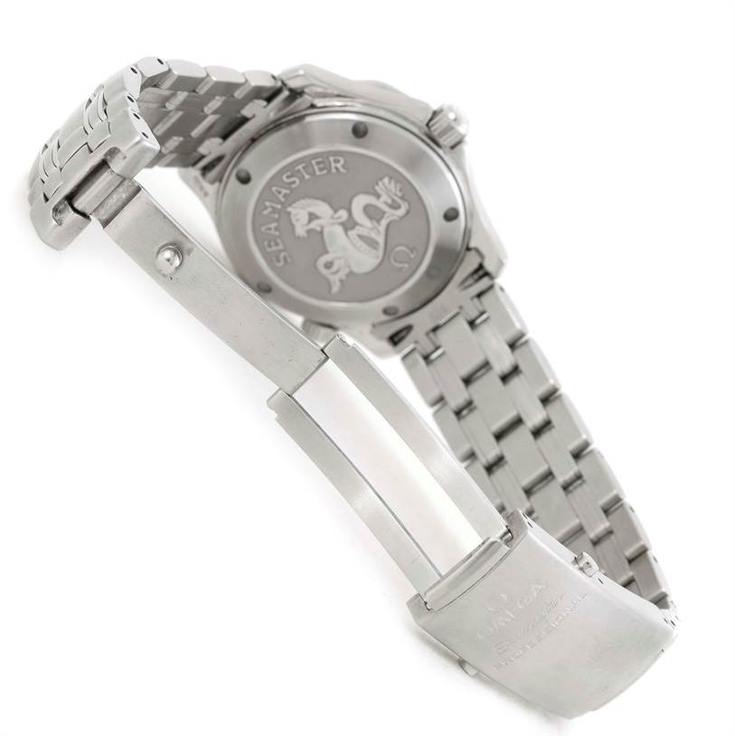 The image shows the back case, clasp, and part of the bracelet of an Omega Seamaster 2222.80.00 Men
s Stainless Steel Blue Dial 2222.80.00 Men
s Stainless Steel Blue Dial watch at an angled view.