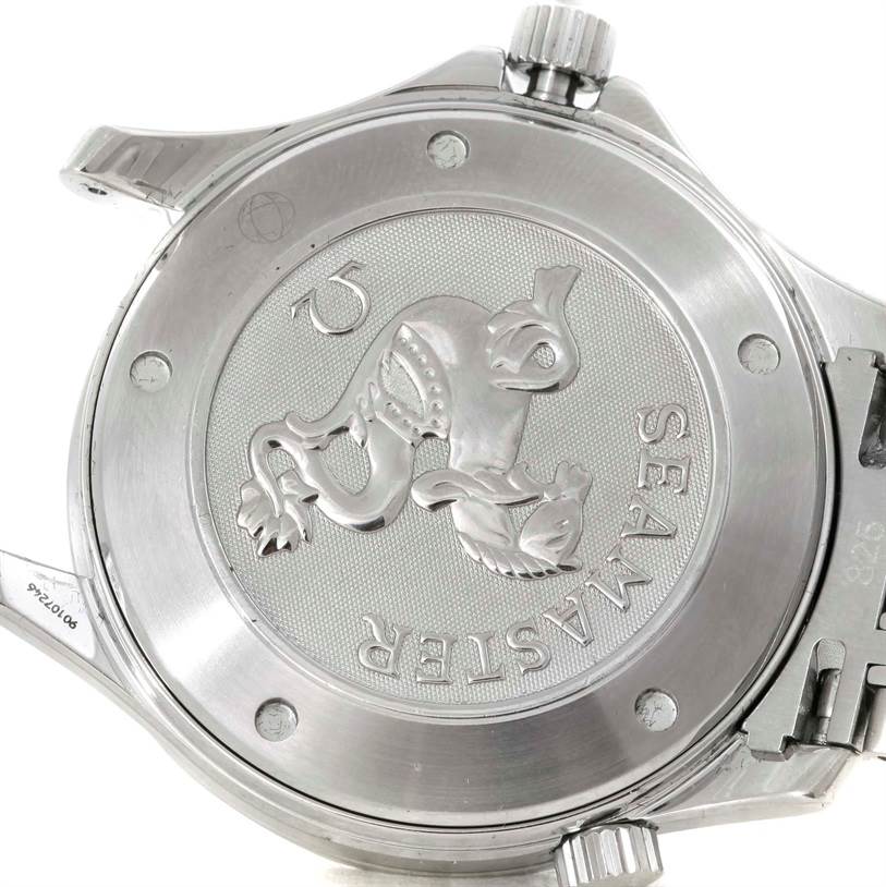 This image shows the back case of an Omega Seamaster 2221.80.00 Men
s Stainless Steel Blue Dial 2221.80.00 Men
s Stainless Steel Blue Dial watch, highlighting the embossed logo.