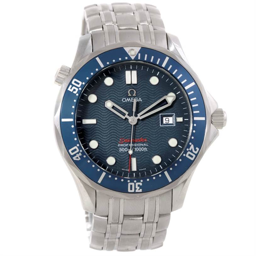 The image shows a frontal view of the Omega Seamaster 2221.80.00 Men
s Stainless Steel Blue Dial 2221.80.00 Men
s Stainless Steel Blue Dial watch, highlighting its dial, bezel, and bracelet.