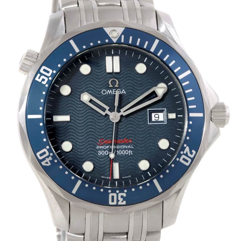 The Omega Seamaster 2221.80.00 Men
s Stainless Steel Blue Dial 2221.80.00 Men
s Stainless Steel Blue Dial watch is shown from a front angle, displaying the dial, bezel, and part of the bracelet.