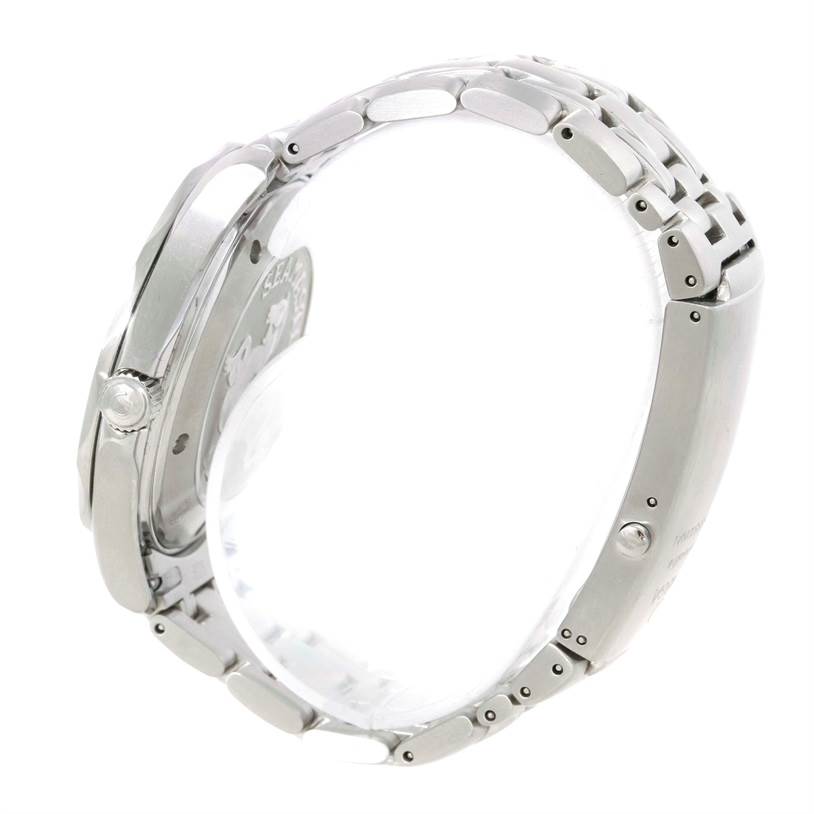 The image shows a side view of an Omega Seamaster 2221.80.00 Men
s Stainless Steel Blue Dial 2221.80.00 Men
s Stainless Steel Blue Dial watch, highlighting its case, crown, and metal bracelet.