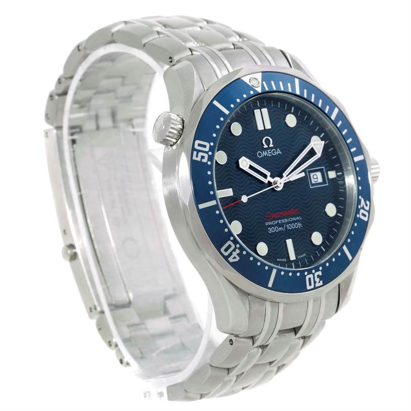 The image shows a side and front angle of the Omega Seamaster 2221.80.00 Men
s Stainless Steel Blue Dial 2221.80.00 Men
s Stainless Steel Blue Dial watch, highlighting the dial, bezel, and bracelet.