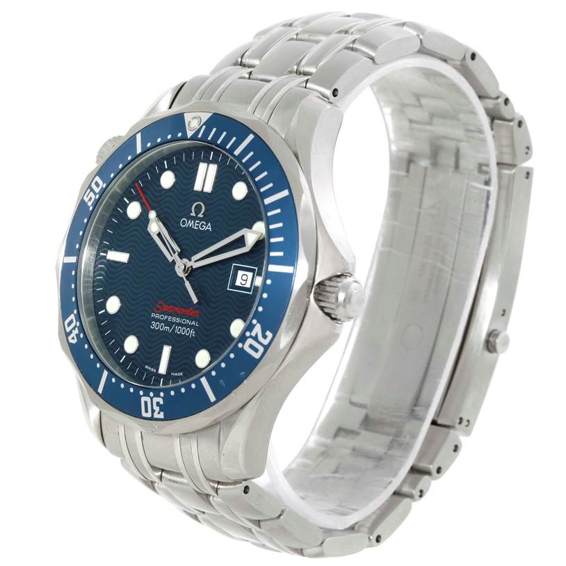 The image shows an angled side view of an Omega Seamaster 2221.80.00 Men
s Stainless Steel Blue Dial 2221.80.00 Men
s Stainless Steel Blue Dial watch, highlighting its face, bezel, and metal bracelet.