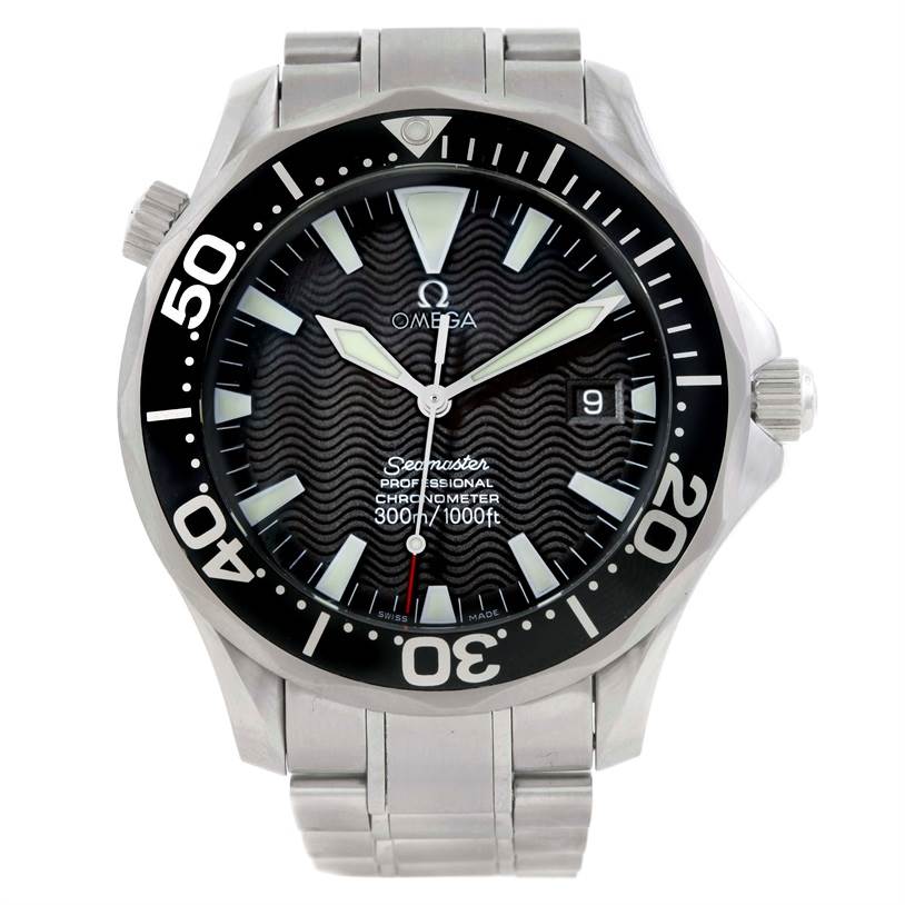 The image shows a front view of an Omega Seamaster 2254.50.00 Men
s Stainless Steel Black Dial 2254.50.00 Men
s Stainless Steel Black Dial watch with a stainless steel bracelet and black wavy dial.