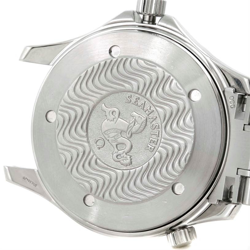 This image shows the case back of an Omega Seamaster 2254.50.00 Men
s Stainless Steel Black Dial 2254.50.00 Men
s Stainless Steel Black Dial watch, featuring the engraved logo and wave pattern.