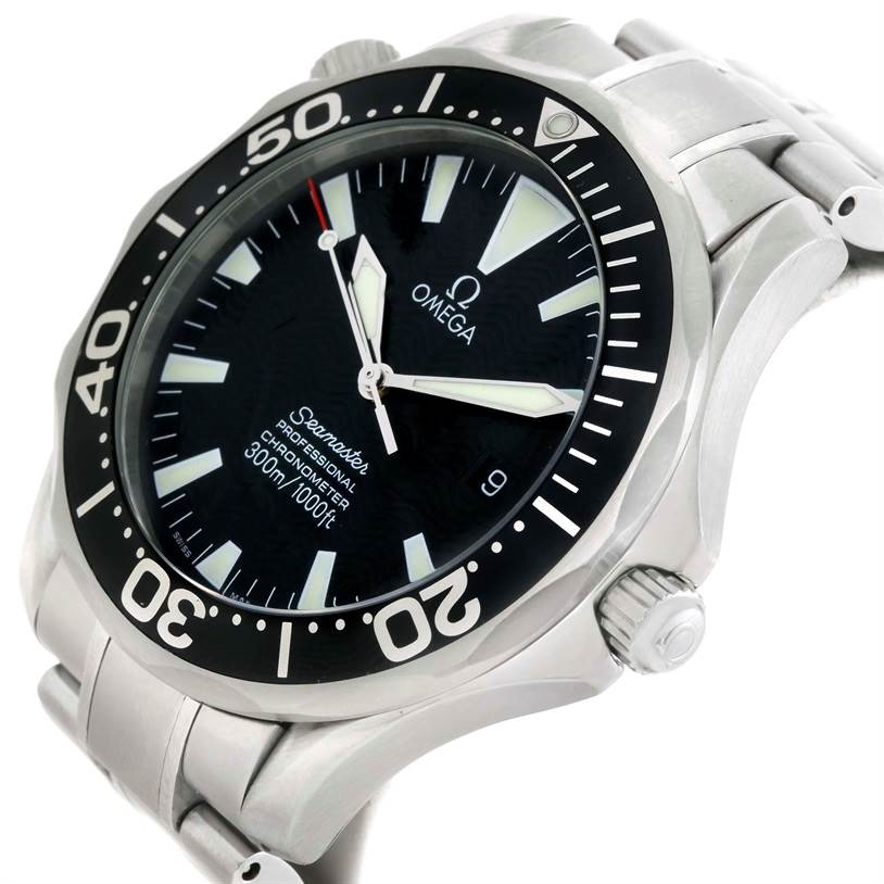 The image shows an angled view of an Omega Seamaster 2254.50.00 Men
s Stainless Steel Black Dial 2254.50.00 Men
s Stainless Steel Black Dial watch, highlighting the face, bezel, crown, and part of the bracelet.