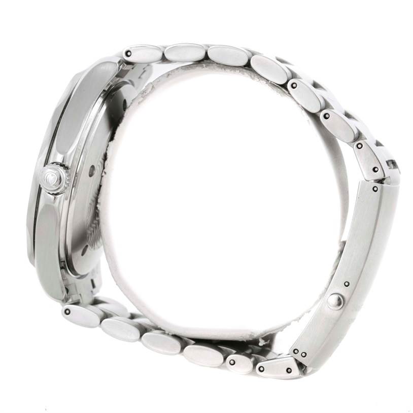 The image shows a side profile of an Omega Seamaster 2254.50.00 Men
s Stainless Steel Black Dial 2254.50.00 Men
s Stainless Steel Black Dial watch, highlighting its case, crown, and stainless steel bracelet.