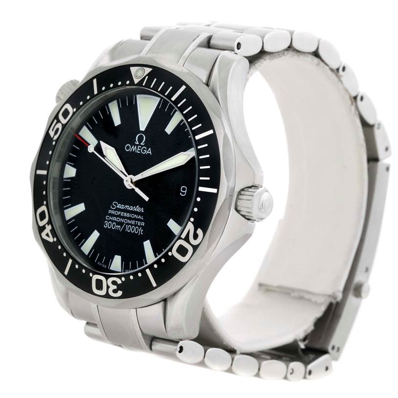 The Omega Seamaster 2254.50.00 Men
s Stainless Steel Black Dial 2254.50.00 Men
s Stainless Steel Black Dial watch is shown at an angle highlighting its face, bezel, crown, and bracelet.