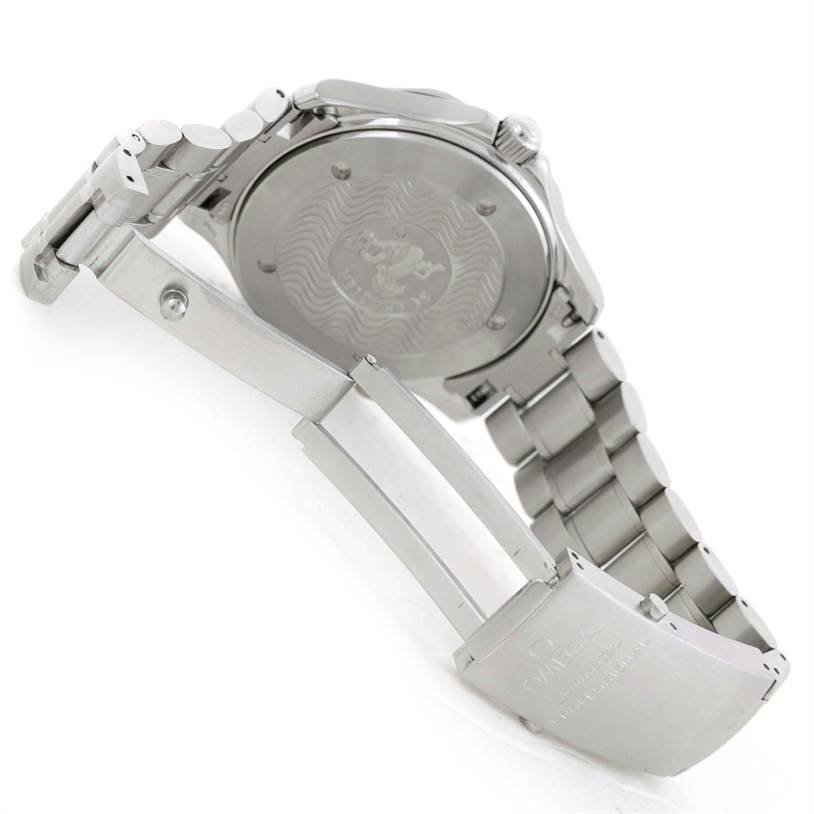 The image shows the open clasp, stainless steel bracelet, and engraved case back of an Omega Seamaster 2254.50.00 Men
s Stainless Steel Black Dial 2254.50.00 Men
s Stainless Steel Black Dial watch.