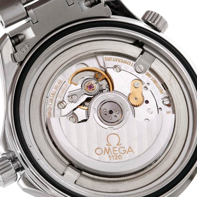 This image shows the back view of the Omega Seamaster 2254.50.00 Men
s Stainless Steel Black Dial 2254.50.00 Men
s Stainless Steel Black Dial watch, highlighting its intricate movement and rotor mechanism.