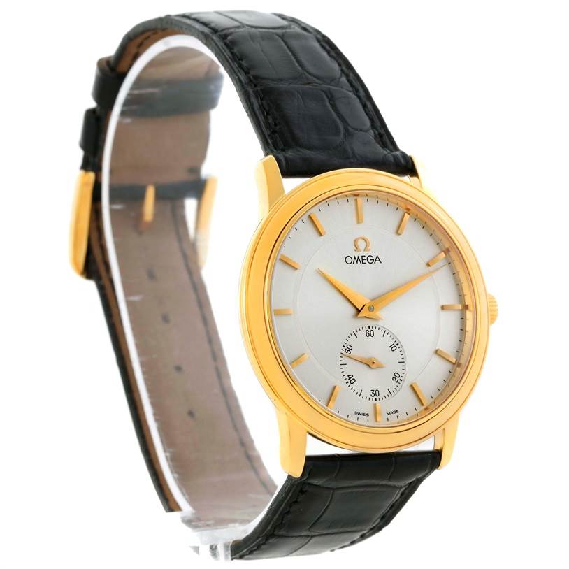 The image shows the Omega De Ville 4620.31 Men's Yellow Gold Silver Dial 4620.31 Men's Yellow Gold Silver Dial watch at a three-quarter angle displaying the watch face, gold case, and black leather strap.