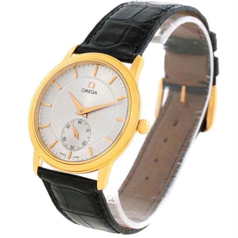 The image shows a side and partial front view of an Omega De Ville 4620.31 Men's Yellow Gold Silver Dial 4620.31 Men's Yellow Gold Silver Dial watch, featuring a gold case and a black leather strap.
