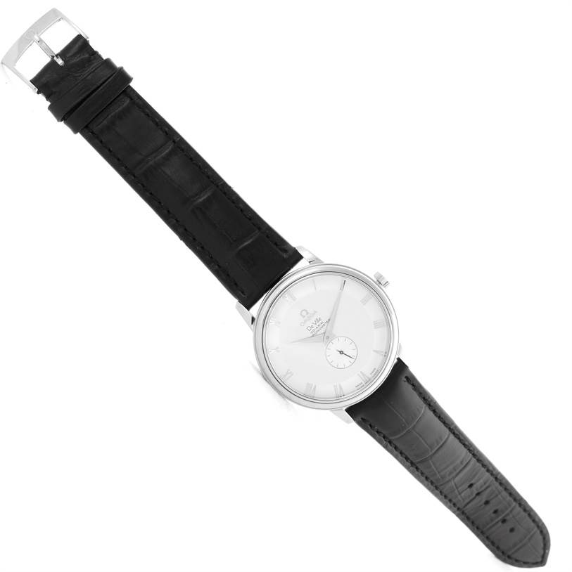 This image displays an Omega De Ville 4813.30.01 Men's Stainless Steel Silver Dial 4813.30.01 Men's Stainless Steel Silver Dial watch at a slight diagonal angle showing the face, crown, and black leather strap.