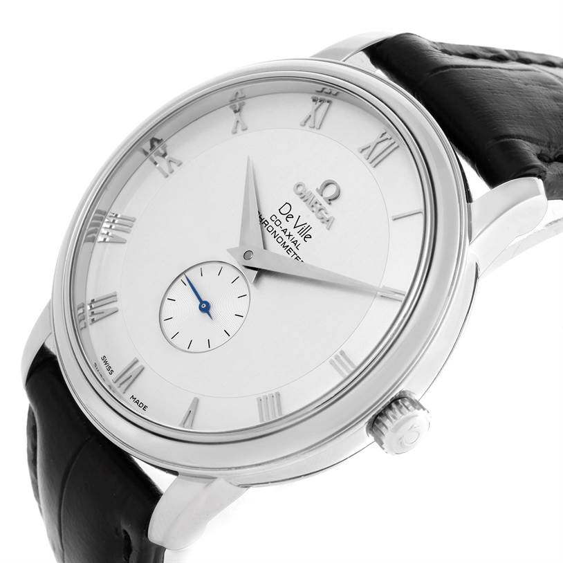 The image shows an angled view of an Omega De Ville 4813.30.01 Men's Stainless Steel Silver Dial 4813.30.01 Men's Stainless Steel Silver Dial watch, highlighting the dial, crown, and leather strap.