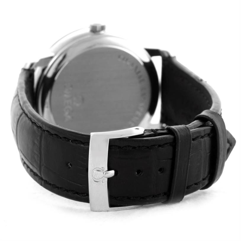 The image shows the back view of an Omega De Ville 4813.30.01 Men's Stainless Steel Silver Dial 4813.30.01 Men's Stainless Steel Silver Dial model watch, highlighting the clasp and leather strap.