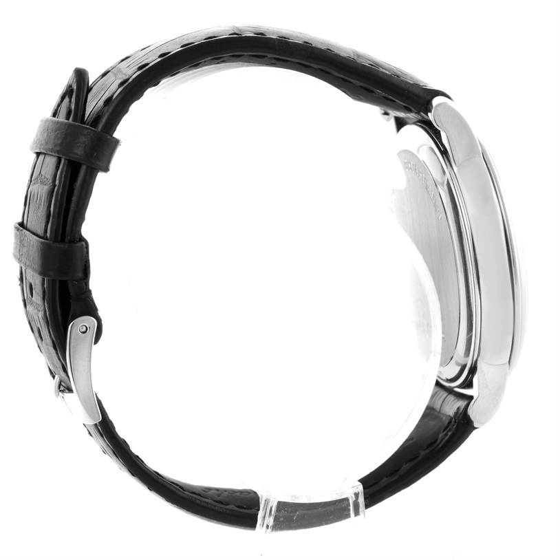 The image shows a side profile of the Omega De Ville 4813.30.01 Men's Stainless Steel Silver Dial 4813.30.01 Men's Stainless Steel Silver Dial watch, highlighting its black leather strap and stainless steel case.