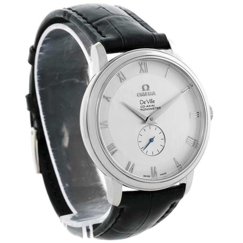 This image shows an Omega De Ville 4813.30.01 Men's Stainless Steel Silver Dial 4813.30.01 Men's Stainless Steel Silver Dial watch from a front-side angle, highlighting its face, bezel, and leather strap.