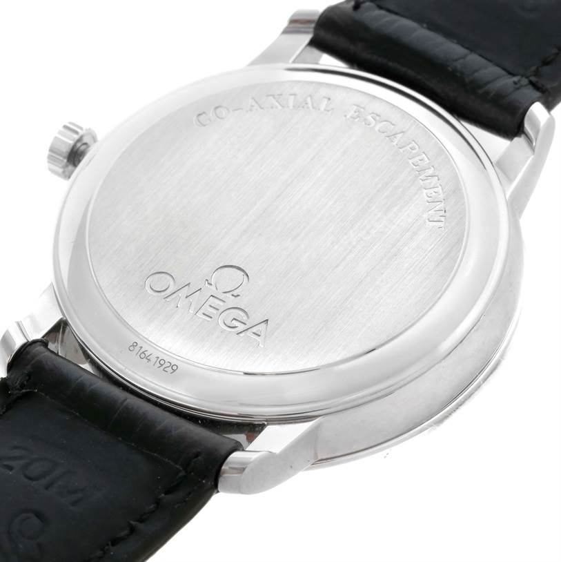 The image shows the back case and part of the leather strap of the Omega De Ville 4813.30.01 Men's Stainless Steel Silver Dial 4813.30.01 Men's Stainless Steel Silver Dial watch.