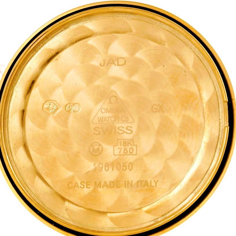 This image shows the inside case back of the Omega De Ville Men's Yellow Gold Silver Dial Men's Yellow Gold Silver Dial watch, highlighting the model and manufacturing details.