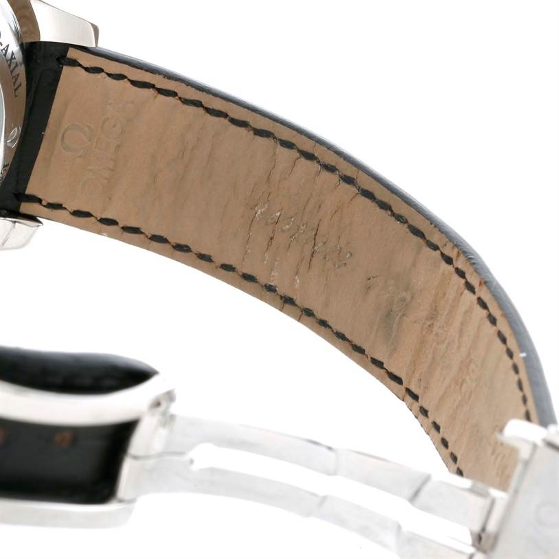 The image shows the underside of the leather strap and part of the clasp of an Omega De Ville 4813.30.01 Men's Stainless Steel Black Dial 4813.30.01 Men's Stainless Steel Black Dial watch.