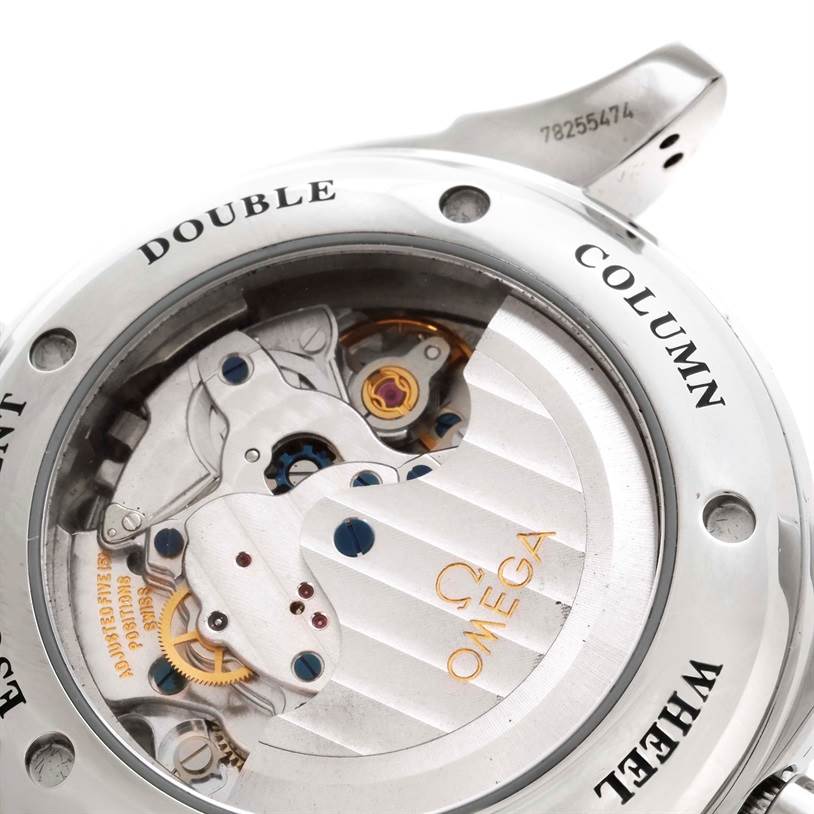 This image shows the back of the Omega De Ville 4813.30.01 Men's Stainless Steel Black Dial 4813.30.01 Men's Stainless Steel Black Dial watch, displaying its intricate movement and internal mechanisms.