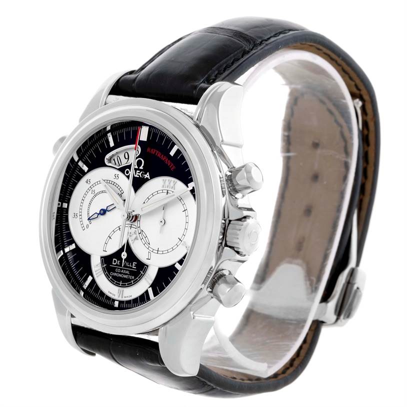 The Omega De Ville 4813.30.01 Men's Stainless Steel Black Dial 4813.30.01 Men's Stainless Steel Black Dial watch is viewed from an angled perspective, showcasing the case, dial, lugs, crown, and strap.