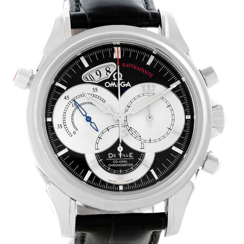 The image shows a frontal view of an Omega De Ville watch with a black leather strap and various chronograph sub-dials.